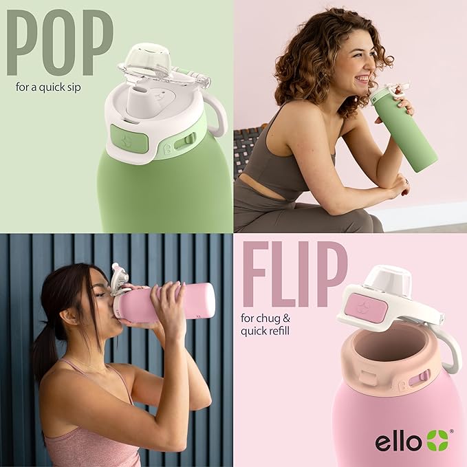 Ello Pop & Fill 32oz Stainless Steel Water Bottle with QuickFill Technology, Double Walled and Vacuum Insulated Metal, Leak Proof Locking Lid, Straw and Chug, Reusable, BPA Free, Porcelain Rose