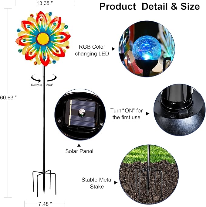 Solar Wind Spinner Outdoor Metal Garden Decor – 60.63'' Kinetic Flower Sculpture with Color-Changing LED Crackle Glass Ball & Gemstone, Waterproof Wind Catchers for Patio, Yard, Lawn Art Decoration
