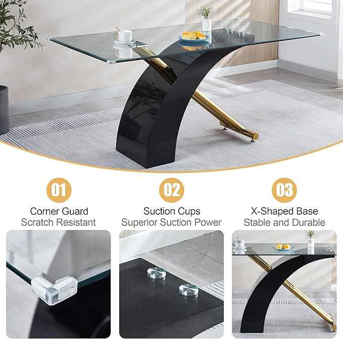 7 Piece Glass Dining Table Set for 6, 63" Modern Kitchen Table with 6 Grey Velvet Chairs, Tempered Glass Tabletop with Black X-Shaped MDF Base, Modern Dining Room Set for Kitchen and Dining Room