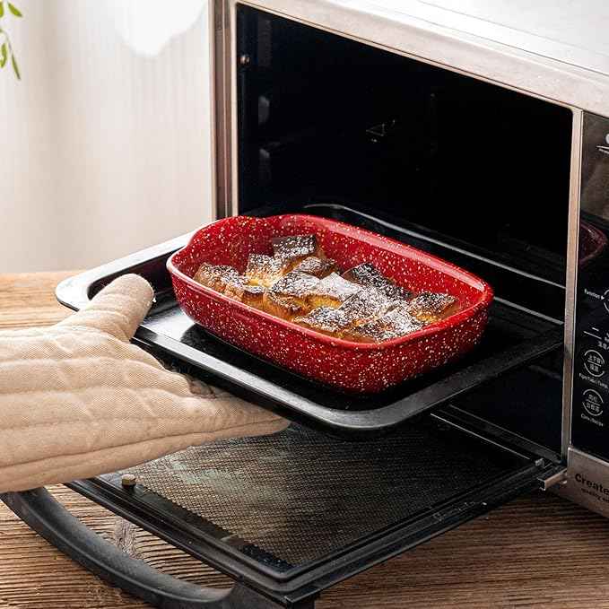 3-Pack Ceramic Lasagna Pan,Heavy-Duty Rectangular Baking Dishes, High Heat Resistant Oven-Safe Stoneware Casserole with Handles,Home Baking,Speckle Series(13.8''/12''/9.6'' Red)