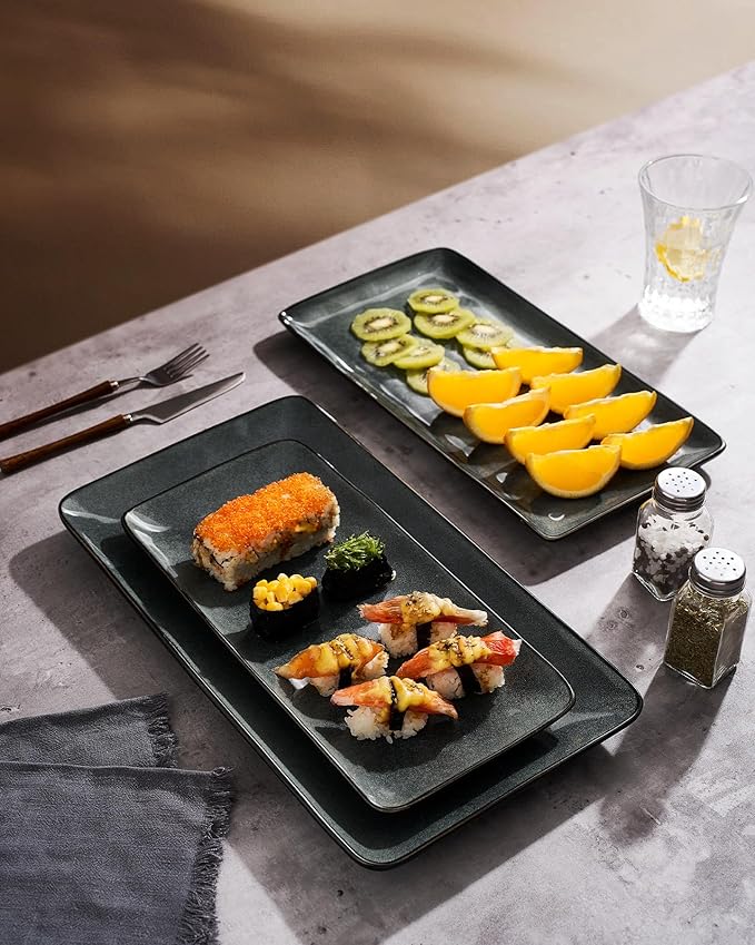 Famiware Serving Platter, Rectangular 15.67/14.1/12.6inch Serving Dishes for Entertaining, Dishwasher Safe, Stoneware Serving Trays for Party, Food, Turkey, Snack, Cheese, Reactive Glaze, Deep Forest