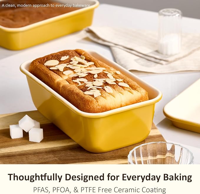CAROTE 6-Piece Ceramic Baking Pans Set, Aluminized Steel Bakeware Sets, Toxin-Free Nonstick Stackable Oven Pans with Cookie Sheet, Muffin Pan, Loaf Pan, Round & Square Cake Pan, Cooling Rack