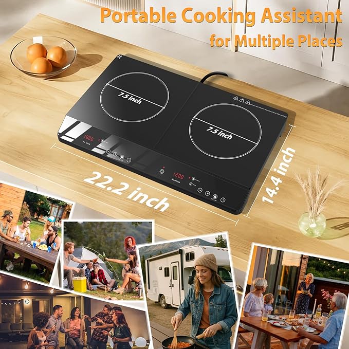 Double Burner Induction Cooktop, 1800W Portable Induction Cooktop 2 Burner with 9 Temp & Power Independent Touch Control, Electric Stove Top Cooker with Safety Lock, 3 Hour Timer