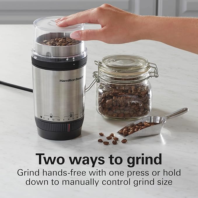 Hamilton Beach Custom Grind Electric Coffee Grinder for 4-14 Cups, One-Press Hand-Free Operation with Auto Shutoff, Removable Grinding Bowl For Easy Pour and Clean, Stainless Steel (80406) (Pack of 2)