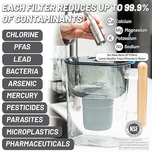 Epic Nano XP | Water Filter Pitchers for Drinking Water | 10 Cup | 150 Gallon Filter | Gravity Water Filter (Black & Bamboo)
