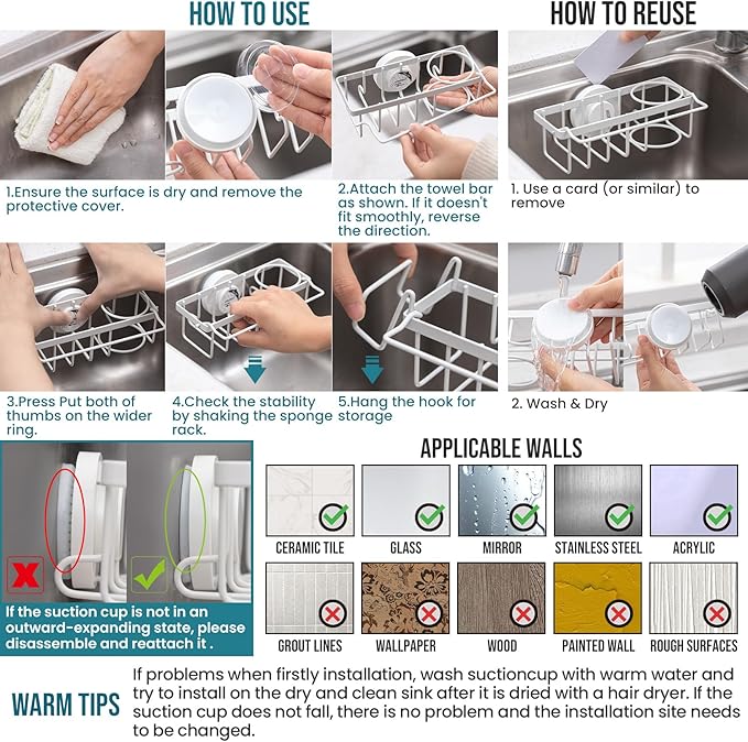 TAILI 4-in-1 Sponge Holder for Kitchen Sink with Strong Suction Cup Removable, Rustproof Stainless Steel Sink Caddy for Sponge, Brush, Scrubber, Scraper -White