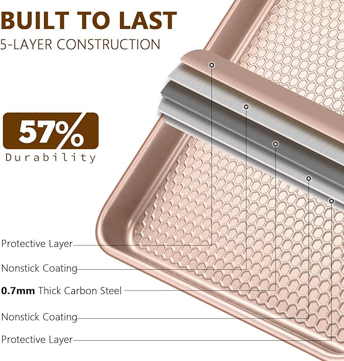 Wildone 2 Pack Half Sheet Baking Pans, Honeycomb Embossed Nonstick Baking Sheet 17.5x12 In, Thicker Carbon Steel Cookie Sheet, Even Heating & Warp Resistant, Rose Gold