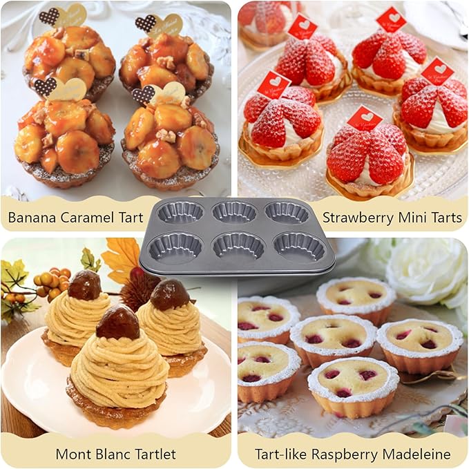 Mini Tart Pan, 2.75" Egg Tart Molds 6-Cavity Non Stick Fluted Mini Tart Mould, Reusable Quiche Bakeware Carbon Steel for Pies, Quiche, Cheese Cakes, Desserts(Not Included Cutting Mold)