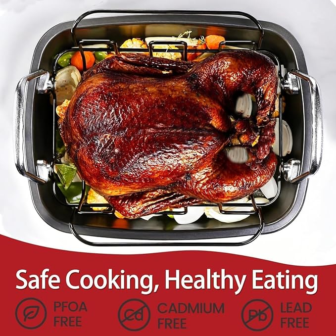Large Nonstick Roasting Pan Kit with Rack (17x13 Inch) - Includes Baster, Pastry Brush & Twine for Turkey, Chicken, Ham - Even Heating, Easy Clean, Dark Grey