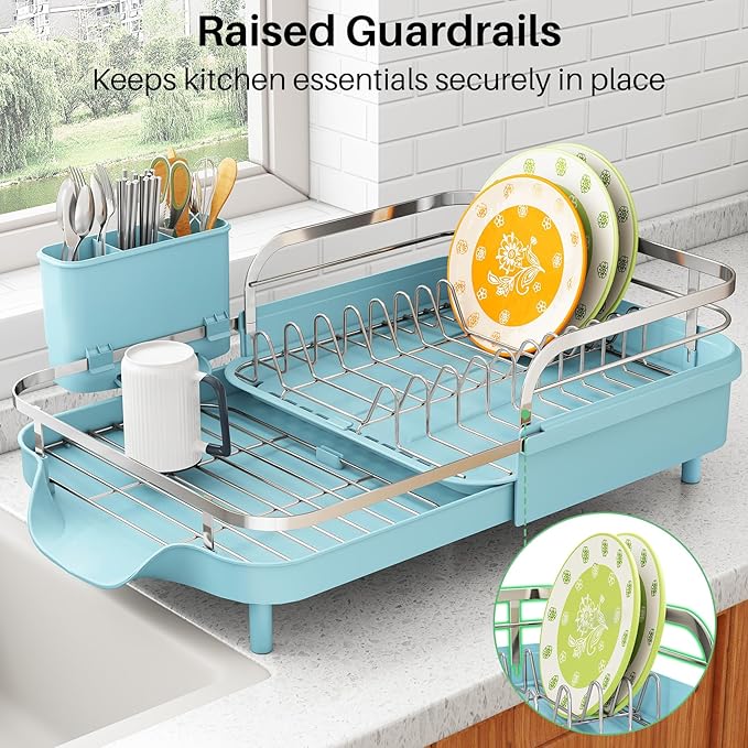 SAYZH Dish Drying Rack - Expandable Dish Rack for Kitchen Counter, Rust-Resistant Dish Drainer with Utensil Holder and Raised Guardrail, Kitchen Organizer for Cup and Bottle (Blue)