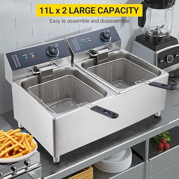 23.2 QT/22 L Commercial-Grade 3400W Deep Fryer，2 Extra-Thick Baskets with 304 Stainless Steel, Electric Fryer Splash Guard Lid & Adjustable Thermostat for Restaurant, Catering, Home Kitchen