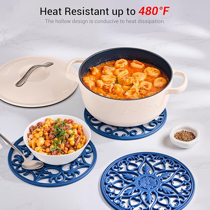 SMARTAKE 6 Set Silicone Trivet Mats, Multi-Use Carved Trivet Mat, Insulated Non-Slip Durable Kitchen Mats, Flexible Modern Kitchen Table Mat, for Hot Dishes, Pots, Dining Countertop, Navy Blue