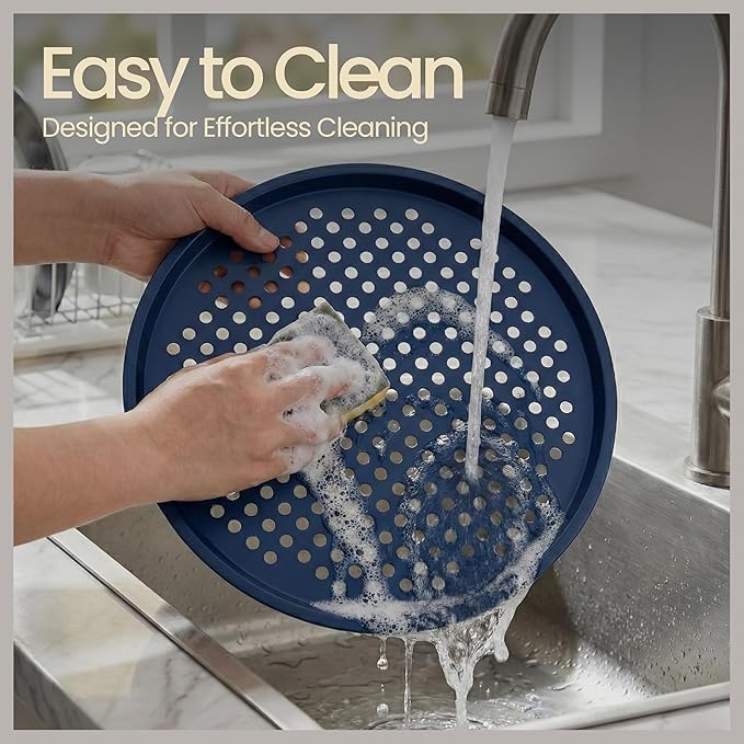 Bakken Pizza Baking Pan - Round Perforated Carbon Steel Pan with Non-Stick Marble Coating, Oversized Silicone Handle, Dishwasher Safe, High-Temperature Resistant, Durable & Easy Cleanup - Blue, 2 Pack
