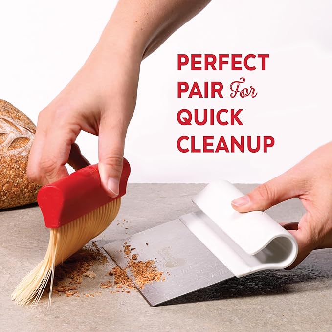 KneadAce Dough Scraper & Baker’s Brush Set. Stainless Steel Bench Scraper & Flour Cleaning Brush. Kitchen Tool for Pastry, Sourdough and Baking Prep Bread Dough Cutter, Gift For Bakers (White/Red)