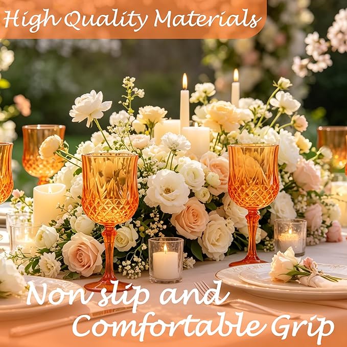 Plastic Wine Glasses, Plastic Goblets Vintage Style Cordial Unbreakable Drinking Glasses, Reusable Drinkware for Wedding Reception, Grand Event Party Supplies (12, Pumpkin orange)