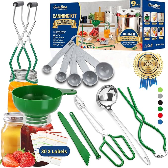 Canning Supplies Starter Kit,Canning Kit for Beginners of 9 with Jar Lifter，Wide Mouth Funnel,Wrench,Tongs,Lid Lifter,Bubble Popper,Canning Labels,ladle,Measuring Spoon-Deep Green