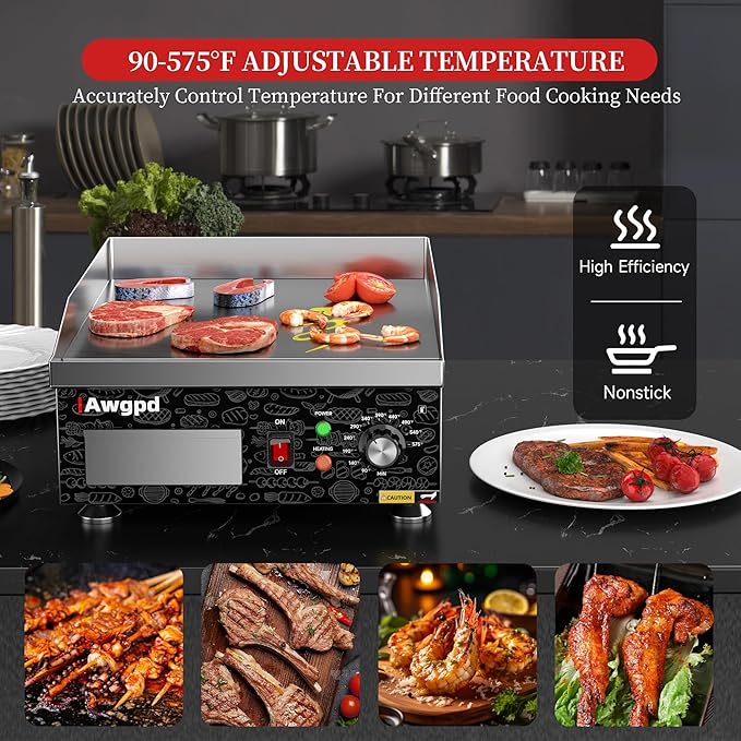 14" Commercial Electric Griddle,Electric Countertop Flat Top Griddle,110V 1800W Electric Flat Top Grill,Non-Stick Restaurant Teppanyaki Stainless Steel Grill,Adjustable Temperature Control
