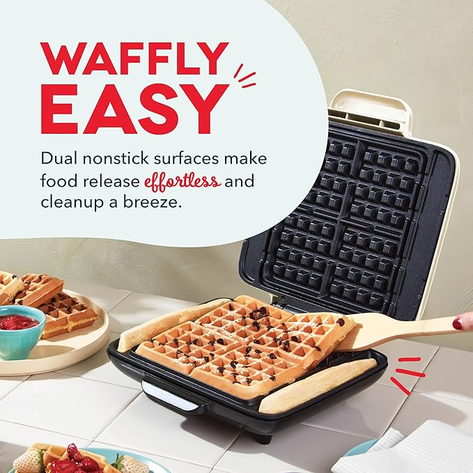 DASH No-Drip Waffle Maker - Four Waffle Molds, Nonstick Waffle Iron with Quick Heat-Up, Nonstick Surface - Perfect Waffle Maker for Kids and Families, Just Add Batter