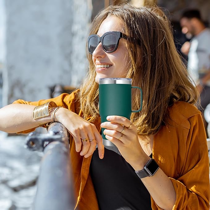 20 oz Stainless Steel Tumbler with Handle Bulk Metal Insulated Tumblers Travel Coffee Mug with Handle Double Wall Tumbler Cup with Lid and Straw, New Dark Green 12 Pack