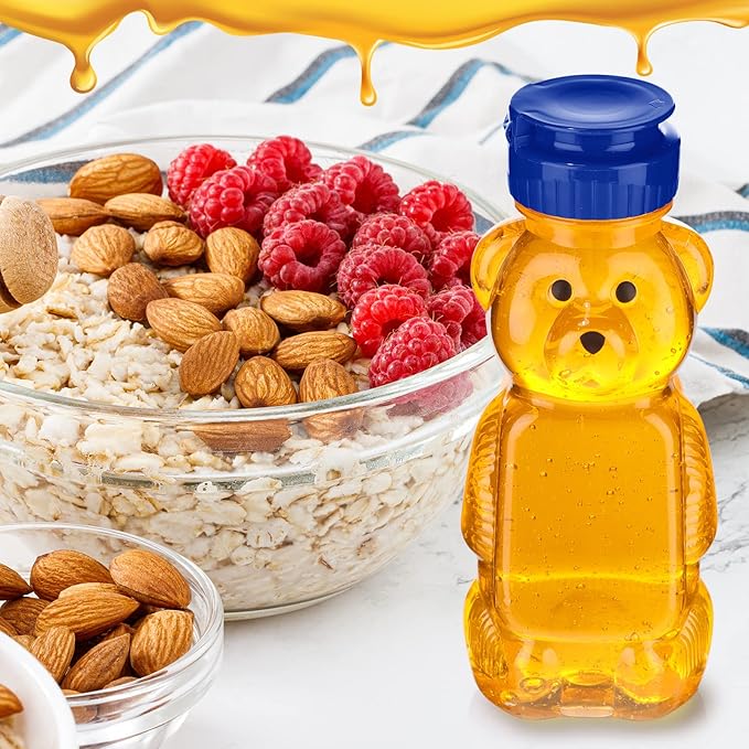 Thenshop 36 Pcs 8 oz Honey Jar Plastic Empty Bear Bottle Dispenser Clear Transparent Honey Containers Bear Cup Squeeze Bottle with Flip Top Lid for Storing Dispensing(Blue Lid)