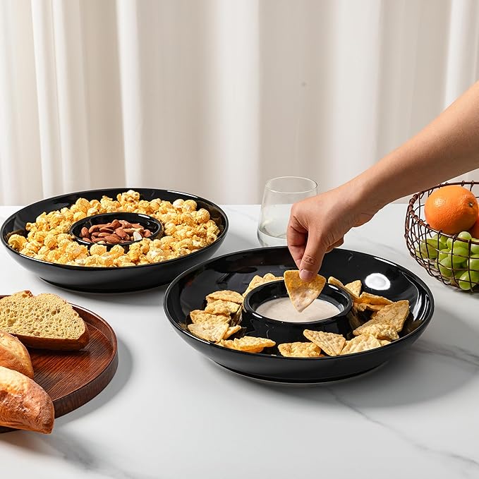 LEHAHA Porcelain Chip and Dip tray, set of 2, Ceramic Divided Serving Tray for Parties, Round Dip Platter and Salsa bowl Perfect for chips, salsa, candy, olives, nuts, fruit and veggies, Bright Black