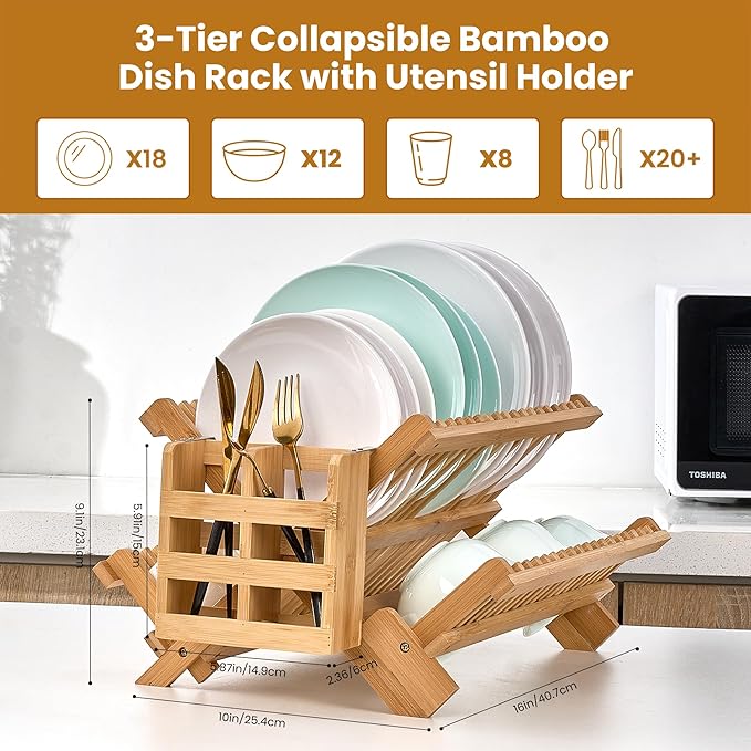 NOVAYEAH Bmaboo Dish Drying Rack for Kitchen Counter 3-Tier Collapsible Wooden Dish Drying Rack with Utensil Holder Dish Drainer Large Folding Dish Rack with Utensils Flatware Holder 51 pcs Grid