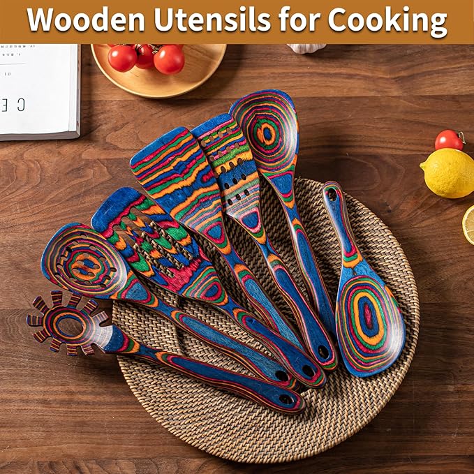 Gudamaye Pakka wood 7-Piece Blue Wooden Cooking Utensils, Wooden Spoons for Cooking, Wooden Spoon Set, Wooden Kitchen Utensil set, Pakkawood Cooking Spoons, Non-Stick Spoon,Pakkawood kitchen utensils