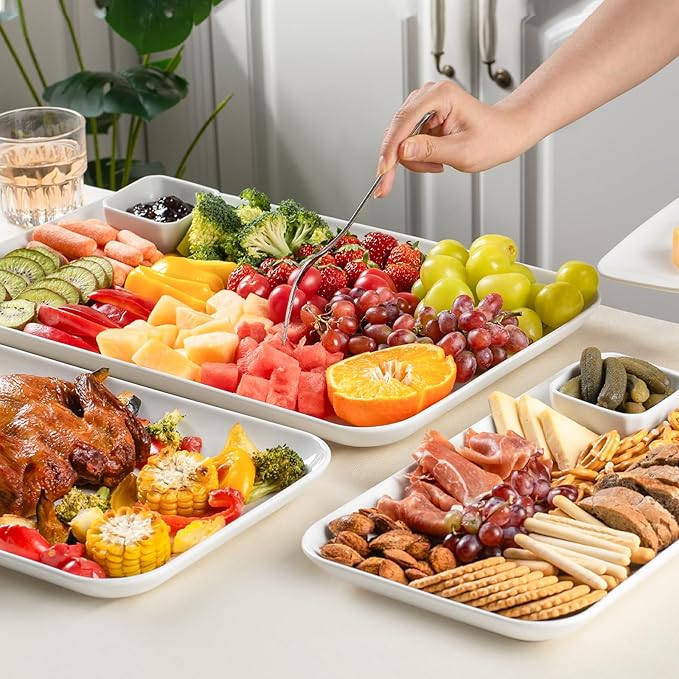 DELLING Serving Platter Set 18/16/14 Inch, Large White Porcelain Serving Trays for Entertaining, Rectangular Platters for Turkey Fruit Appetizer Party Wedding, Microwave Oven Dishwasher Safe, 3-Pack