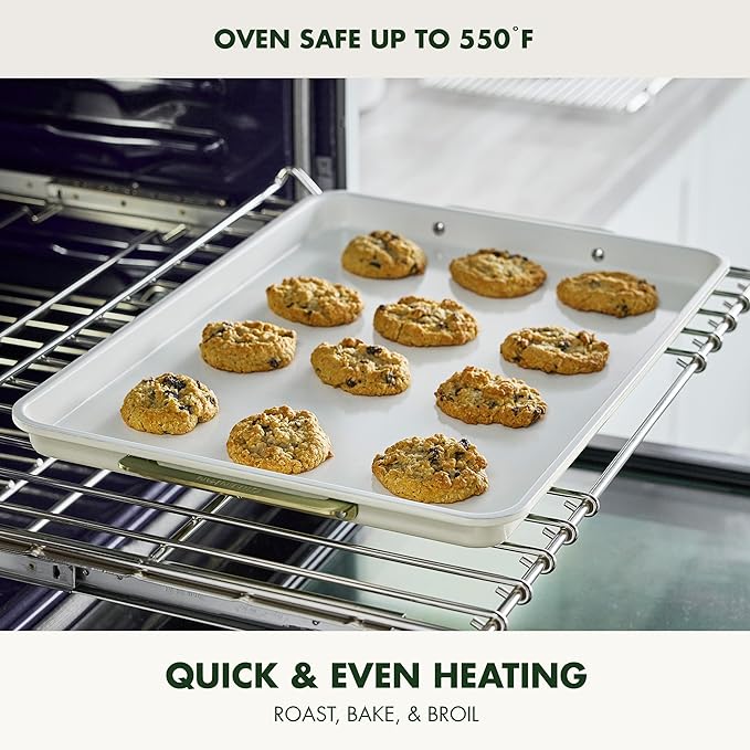 GreenPan Bakeware Set, 7 Piece Nonstick Ceramic Gold Handle Baking Sheets, Cake Pans, Loaf Pan, Muffin Tin, Cooling Rack, PFAS & BPA Free, Freezer to Oven Dish, Bake & Roast Ovenware, Cream
