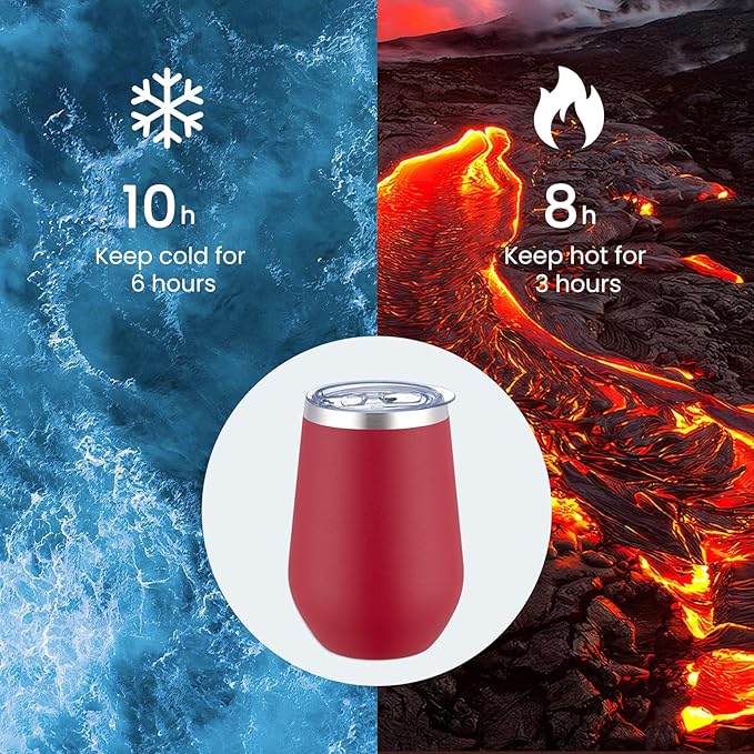 MEWAY Stemless 12oz Insulated Wine Tumbler with Lid and Straw - Double Wall Stainless Steel Thermal Cups for Hot and Cold Drinks, Bridal Shower Prizes for winners(Red,Set of 12)
