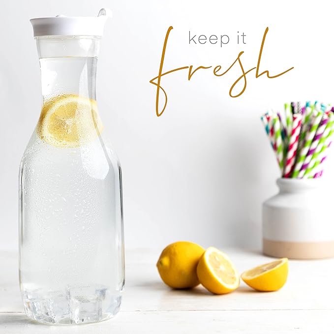 Clear Plastic Water Pitchers Carafes with Flip top White Lids 50 OZ Heavy Duty Beverage Pitcher Jug for Juice or iced Coffee Great for Mimosa bar Restuarants ot Schools Pack of 6