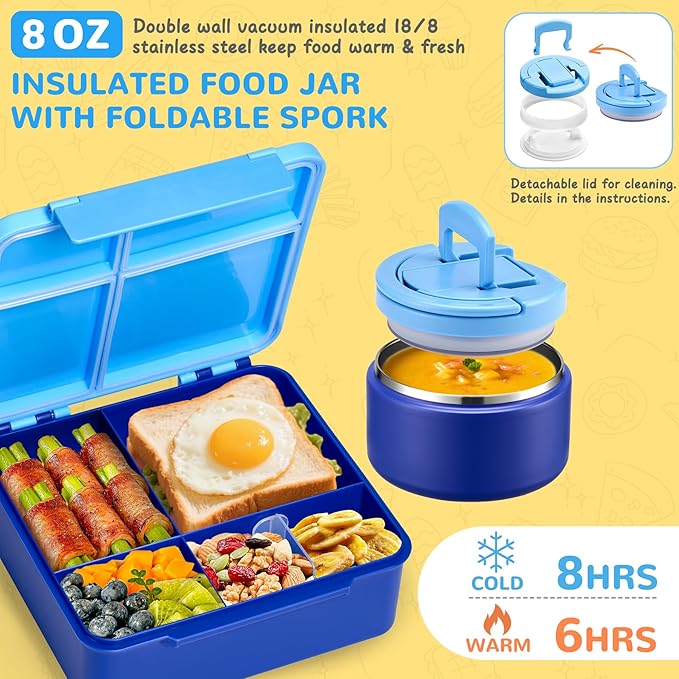MAXSO Bento Lunch Box Set with 8 oz Soup Thermo, Kids Leakproof 4 Compartments Hot Food Container with Sauce Cup, Ice Pack and Lunch Bag, Child Insulated Food Jar for School - Blue