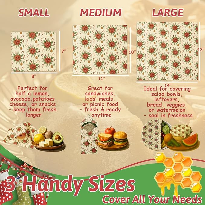 5PCS Christmas Beeswax Bread Bags Set – 2 Reusable Bread Bags + 3 Wax Paper Sheets,Eco-Friendly Beeswax Wraps for Food,Homemade Sourdough,Cheese,Snacks & Fruit,Holiday Gift for Bakers Kitchen Lovers