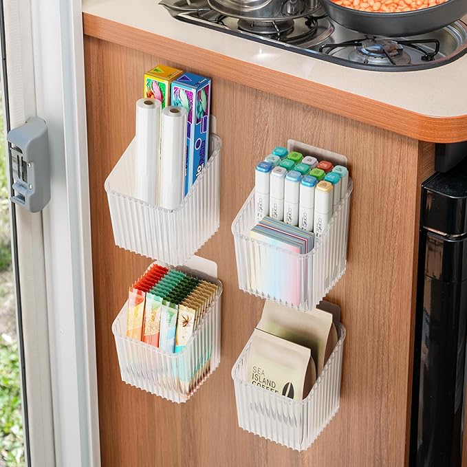 NiHome 4-Pack Plastic Wall Mount Storage Caddy for RV/Camper Storage and Organization, Self Adhesive Cabinet Door Organizer for Bathroom/Kitchen, Camper Must Haves & Small Item Organization