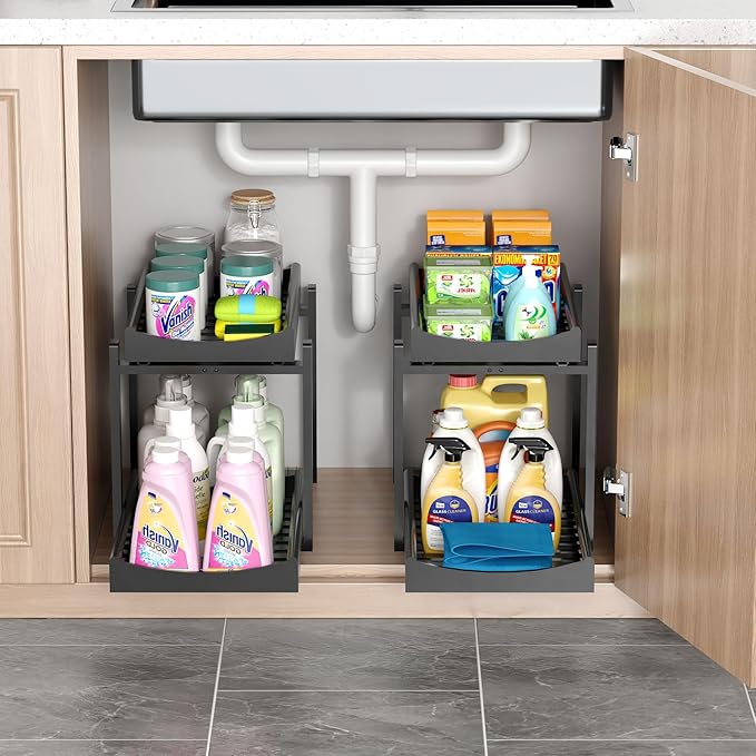 MHXW SXPN Bamboo Under Sink Organizer and Storage, Pull Out Cabinet Organization, 2 Tier Vertical Slide Out Undersink Storage Shelf, Organizer Shelves for Kitchen Bathroom Medicine (Black, 2 Pack)