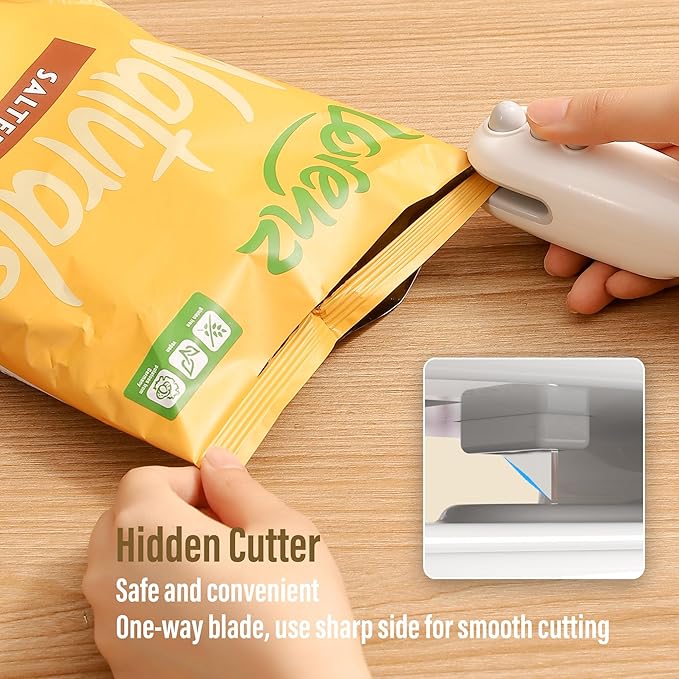 Mini Bag Sealer with Cutter, Rechargeable, Handheld Heat Sealer Machine with Magnetic, Portable Bag Sealer Heat Seal for Keep Food Fresh and Snacks Crispy. Blue