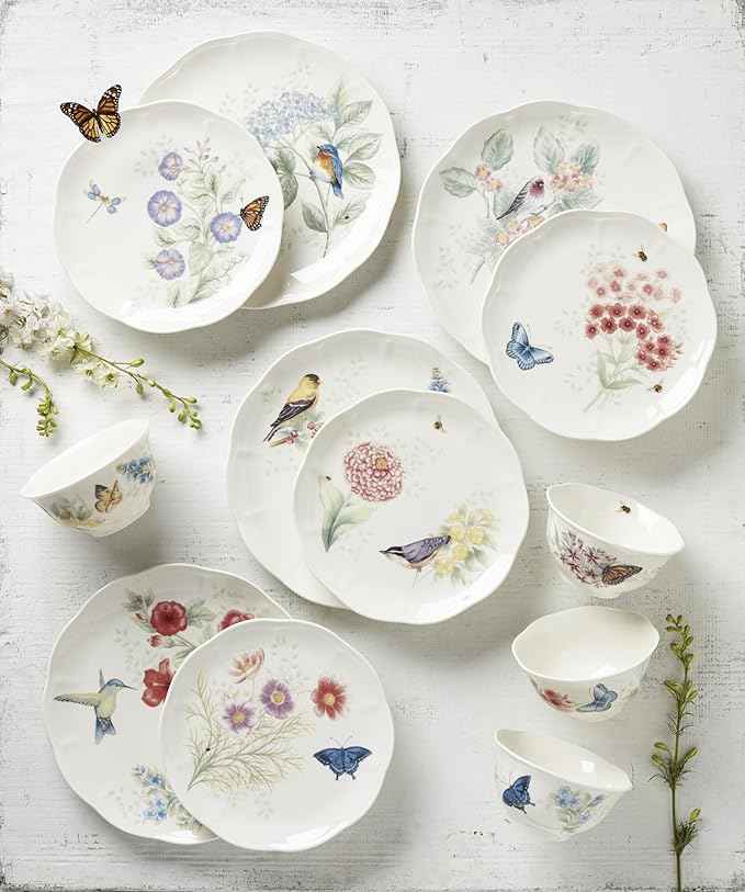 Lenox Dinnerware Set, Butterfly Meadow Flutter 12-Piece Set, Service For 4, Elegant White Porcelain, Dishwasher Safe, Chip Resistant, Plates And Bowls Sets, Home and Kitchen (Assorted, 12 Pieces)