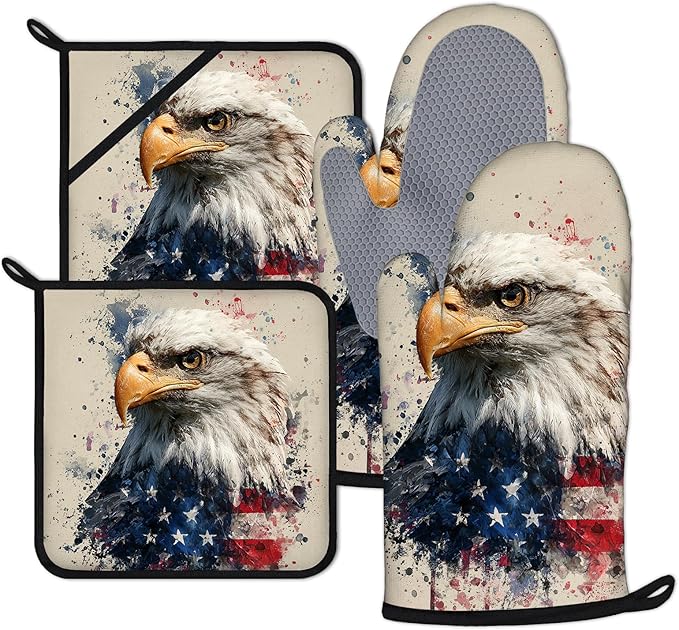 American Flag Eagle Oven Mitts and Pot Holders Sets 4Pcs Silicone Non-Slip Mitts Heat Resistant Gloves Hot Pads for Kitchen Cooking Baking Grilling BBQ