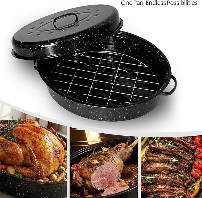 Large Roasting Pan with Lid and Rack 19"Granite Turkey Roaster Pan Set Enameled Steel Design Suitable for Turkey Versatile Cooking Barbecuing,Dishwasher Safe Cookware Holiday Gifts 1