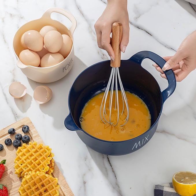 Rae Dunn Non-Slip Mixing Bowls - 4 Piece Nesting Plastic Mixing Bowl Set with Pour Spouts and Handles-Measurement Markings (Cream)