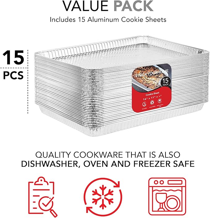 Stock Your Home Aluminum Pans - 15 Pack Disposable Aluminum Foil Trays - Reusable Nonstick Baking Sheets - 16 Inch x 11 Inch