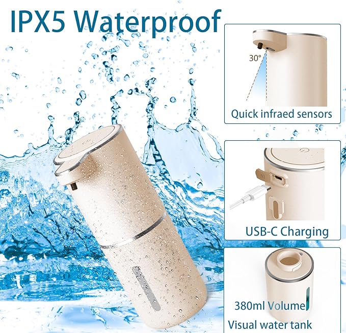 Automatic Soap Dispenser – Touchless Foaming Soap Dispenser 400ml USB Rechargeable Dispenser Electric Wall Mounted 4levels Adjustable Foam Soap Dispenser Pump for Bathroom Kitchen(Gold)