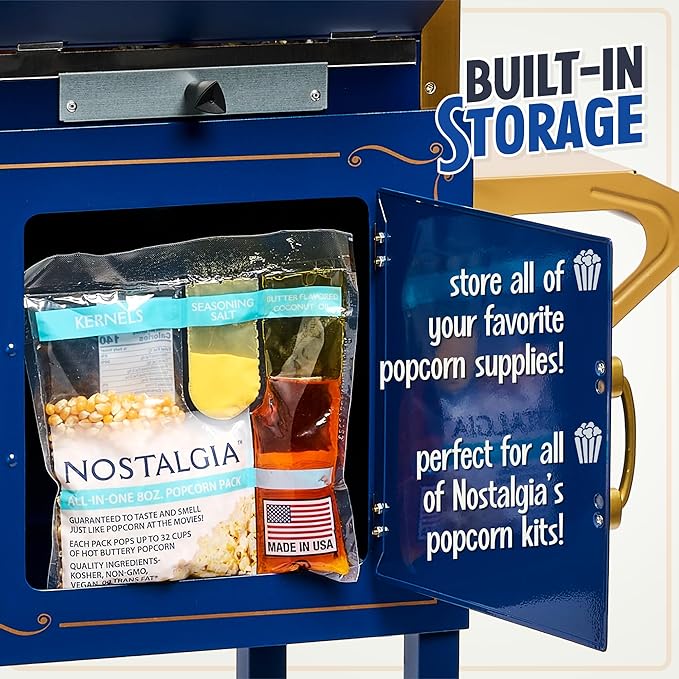 Nostalgia Popcorn Maker Machine - Professional Cart With 8 Oz Kettle Makes Up to 32 Cups - Vintage Popcorn Machine Movie Theater Style - Navy & Gold