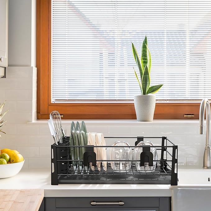 Simple Houseware Dish Drying Rack with Drainboard, Utensil Holder & Mug Hooks, Black Metal Kitchen Counter Organizer