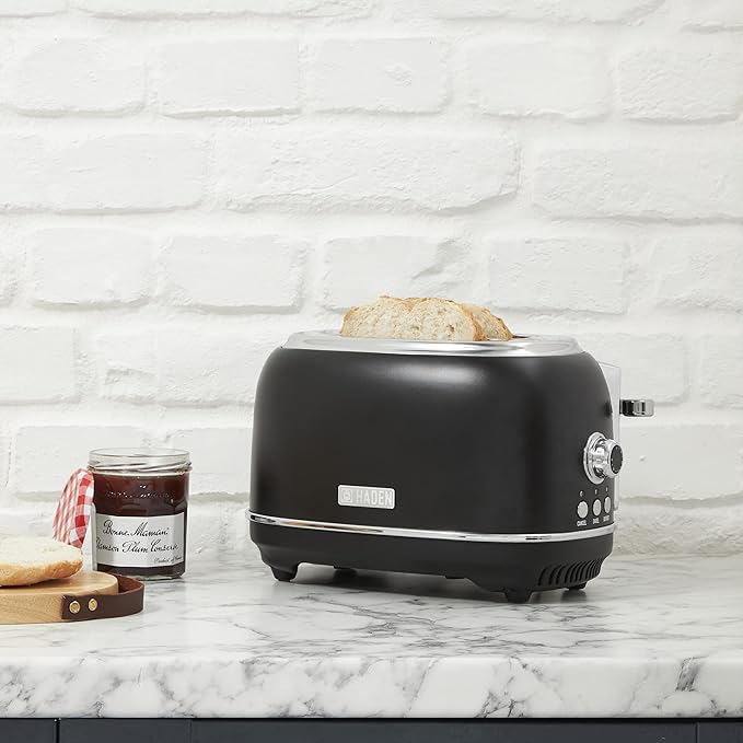 Haden Heritage 2 Slice Wide Slot Stainless Steel Toaster with Adjustable Browning Control & Non-Slip Feet, Black & Chrome