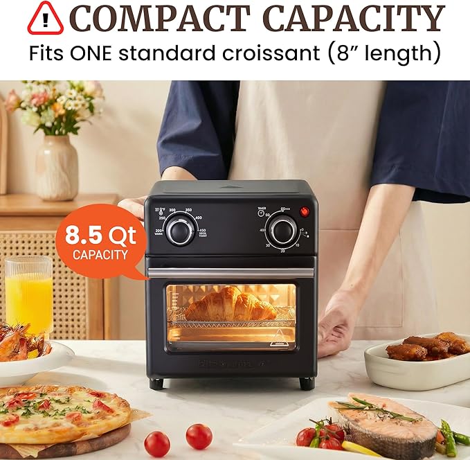 Elite Gourmet Compact 8.5Qt Air Fryer Oven – Mini Countertop Air Fryer with Adjustable Time & Temperature Controls, 800W, Includes Air Fry Basket, Bake Pan & Recipes, Black