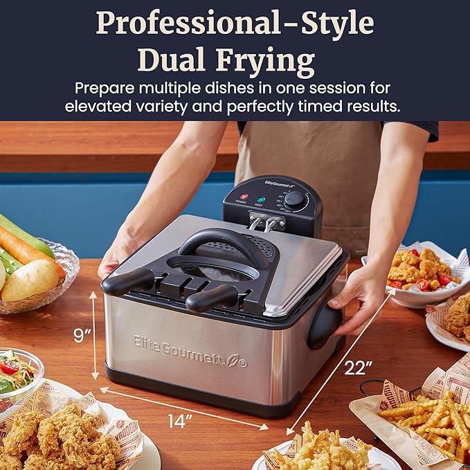 Elite Gourmet Electric Deep Fryer, 4.5 Qt Total Oil Capacity (Dual 2-Qt Split Baskets), 1700 Watts, Stainless Steel, Separates Foods for Simultaneous Cooking, Stainless Steel