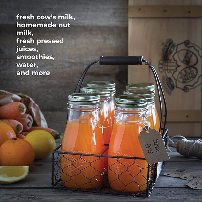 Bormioli Rocco Quattro Stagioni Bottles – 13.5 Oz. Glass Jars with Twist Lids, Microwave & Dishwasher Safe – For Canning, Cocktails, Gifts, Party Favors & Holiday Décor – Made in Italy (Set of 4)