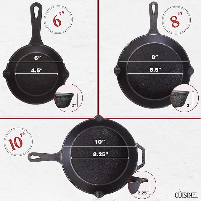 Cuisinel Cast Iron Skillet Set - 6"+8"+10"-Inch + Glass Lids + Silicone Handle Holder Covers - Pre-Seasoned Frying Pan - Oven Safe Cookware - Indoor/Outdoor, Grill, BBQ, Fire, Stovetop, Induction Safe