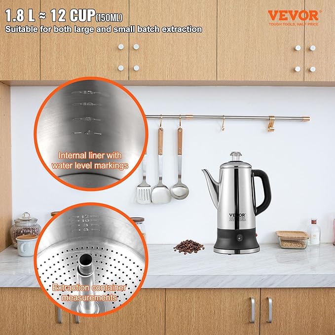 VEVOR 12-Cup Electric Percolator Coffee Pot, 304 Stainless Steel Body Coffee Percolator with Keep Warm Function & Heat-Resistant Handle, Classic Coffee Maker, Quick Brew & Easy-Pour Spout, Silver